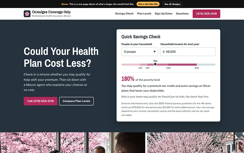Health Insurance website design, Cherry Street Navigator style, desktop view