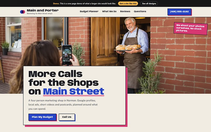 Marketing Agency website design, Riso Main Street style, desktop view