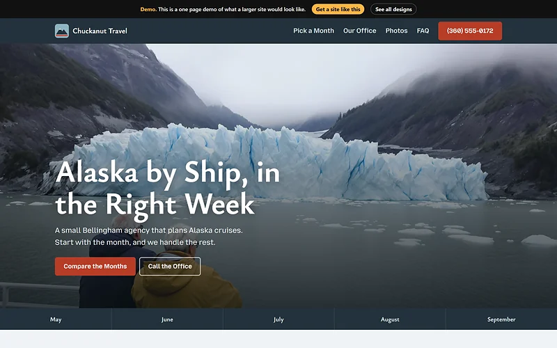 Travel / Cruise Booking website design, Glacier Slate style, desktop view