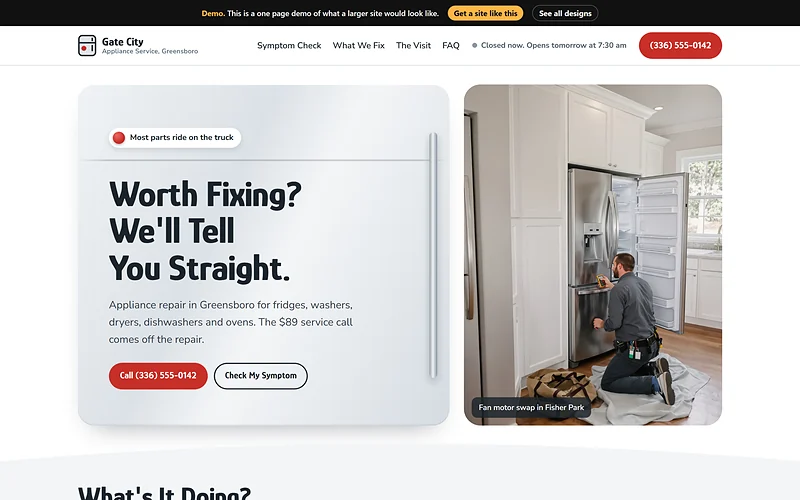 Appliance Repair website design, Fridge Door Steel style, desktop view