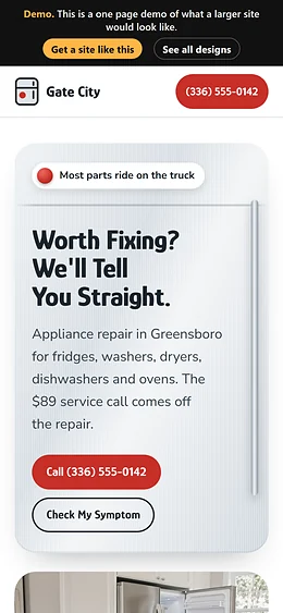 Appliance Repair website design on a phone