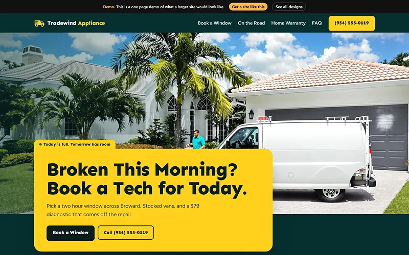 Appliance Repair website design, Teal Van Dispatch style, desktop view