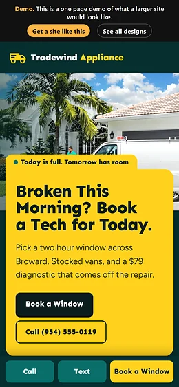 Appliance Repair website design on a phone