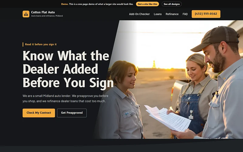 Auto Loans / Refinance website design, Sodium Night style, desktop view