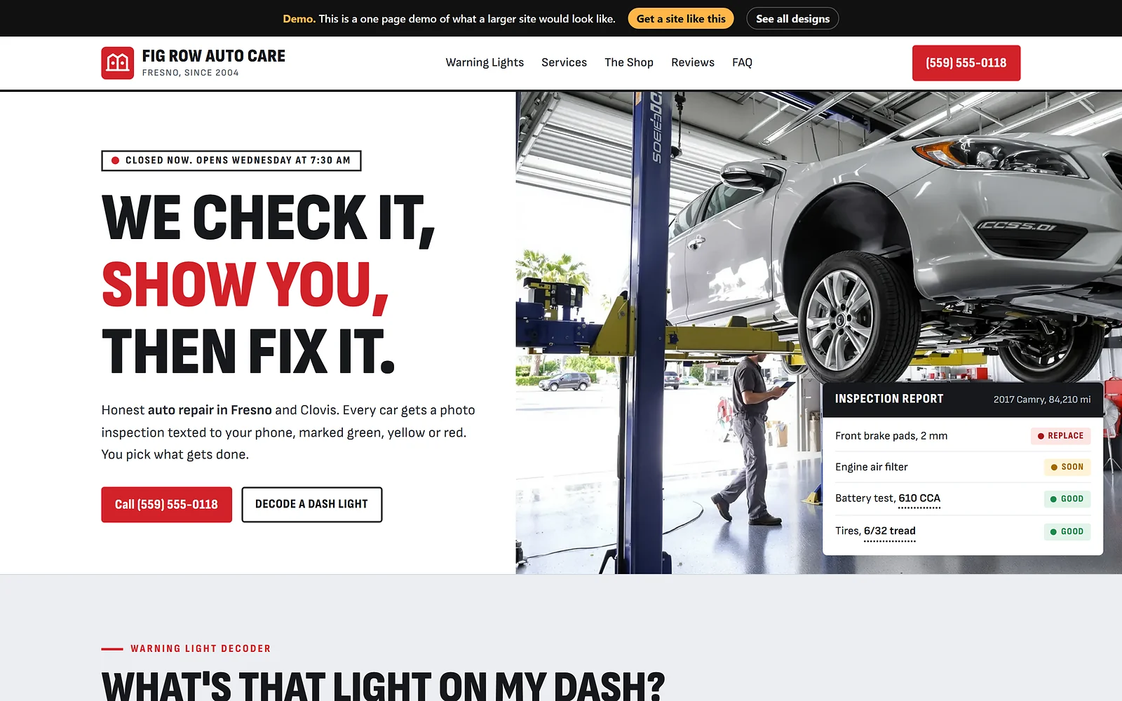 Auto Repair website design, Inspection Report style, desktop view