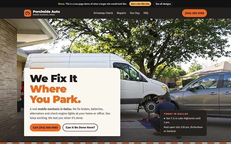 Mobile Mechanic website design, Warm Asphalt style, desktop view