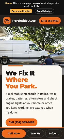 Mobile Mechanic website design on a phone