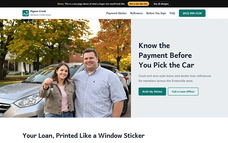 Auto Loans / Refinance website design, Window Sticker style, desktop view