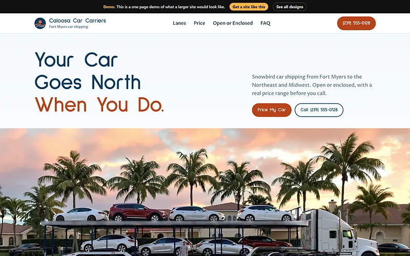 Auto Transport / Car Shipping website design, Snowbird Lanes style, desktop view