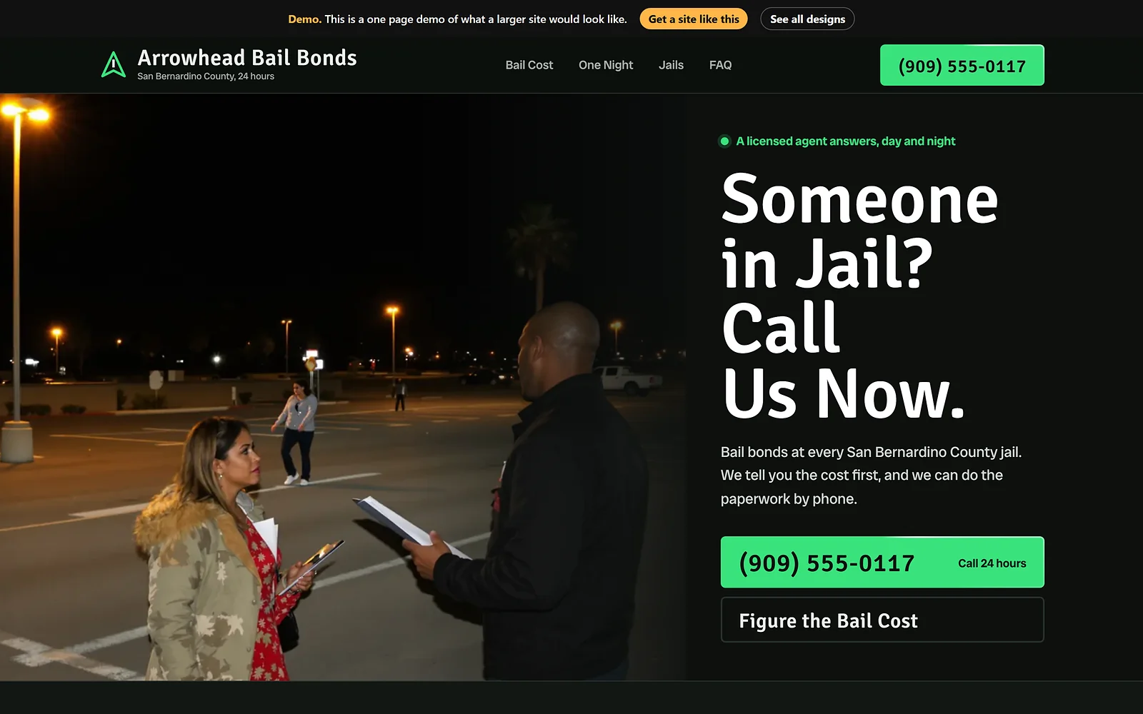 Bail Bonds website design, Night Signal style, desktop view