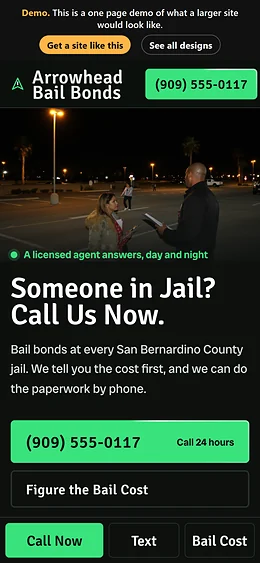 Bail Bonds website design on a phone