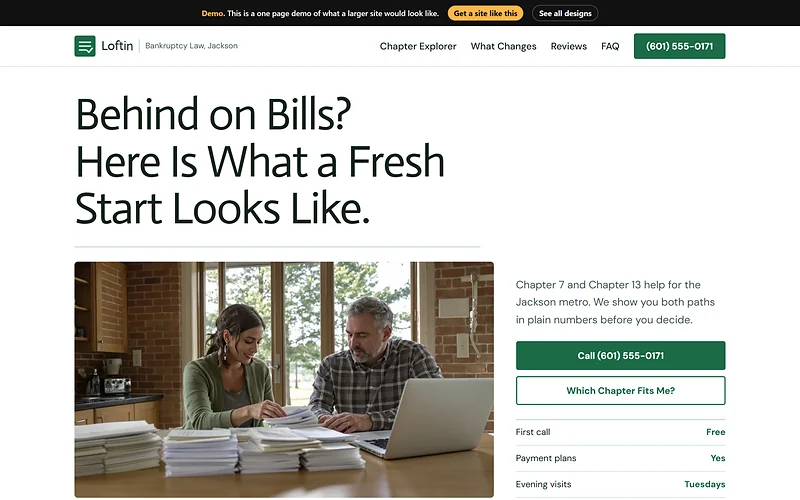Bankruptcy website design, Clean Ledger Green style, desktop view