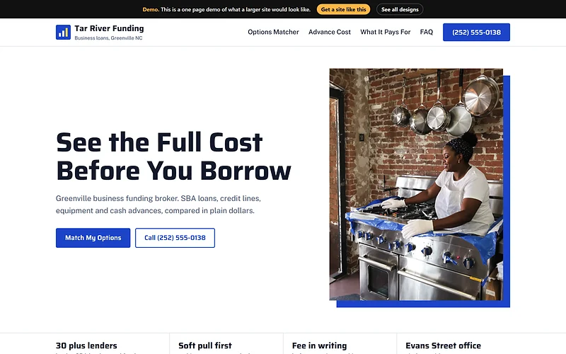 Business Loans / Merchant Cash Advance website design, Term Sheet Cobalt style, desktop view
