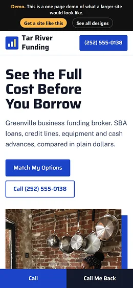 Business Loans / Merchant Cash Advance website design on a phone