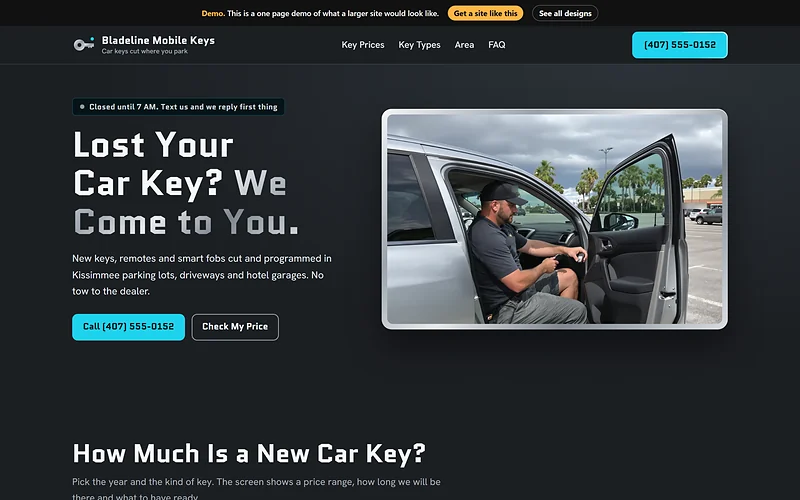 Automotive Locksmith website design, Machined Chrome style, desktop view