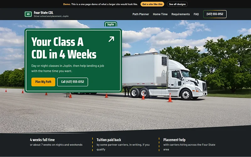CDL Training website design, Guide Sign Green style, desktop view