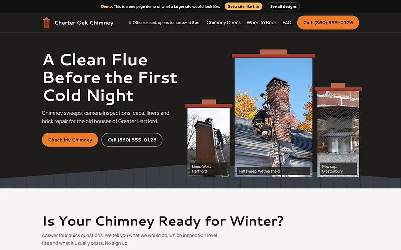 Chimney Sweep and Repair website design, Soot and Ember style, desktop view