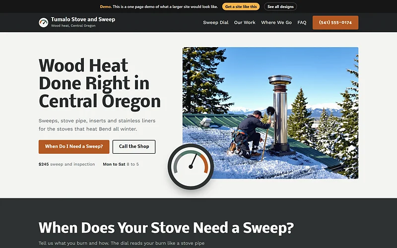 Chimney Sweep and Repair website design, Stove Dial High Desert style, desktop view
