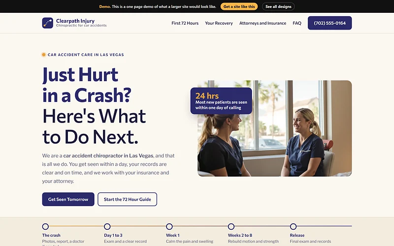 Chiropractor website design, Recovery Timeline style, desktop view