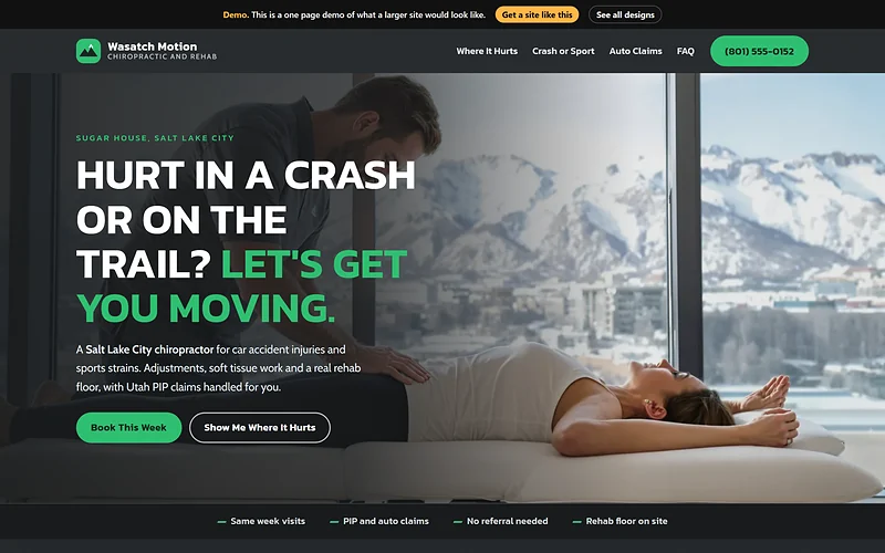 Chiropractor website design, Mountain Motion style, desktop view