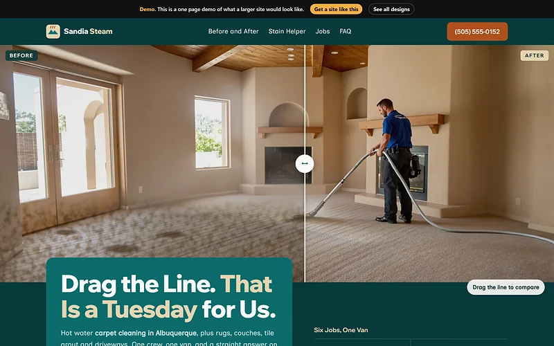 Carpet Cleaning website design, Teal Drag Reveal style, desktop view
