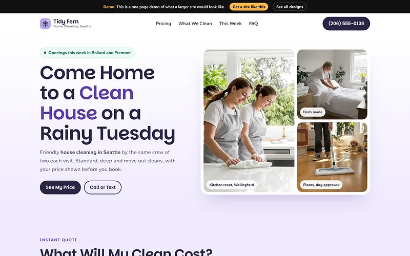 House Cleaning website design, Lilac Fresh Grid style, desktop view