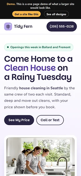 House Cleaning website design on a phone