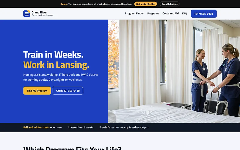Career Training website design, Catalog Cobalt style, desktop view