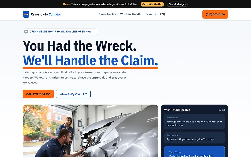 Collision Repair website design, Claim Tracker style, desktop view