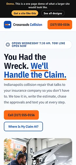 Collision Repair website design on a phone