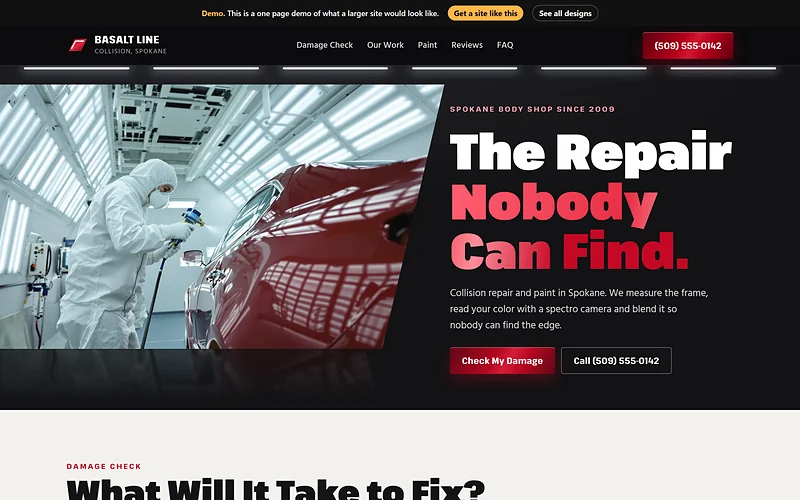 Collision Repair website design, Booth Light Gloss style, desktop view