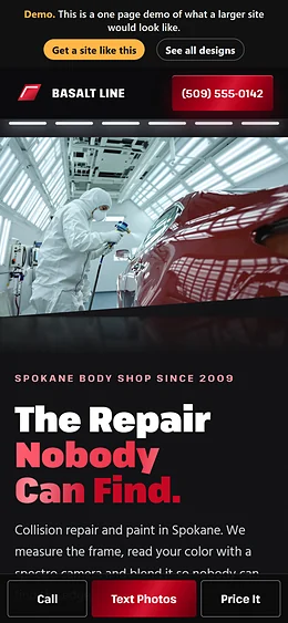 Collision Repair website design on a phone