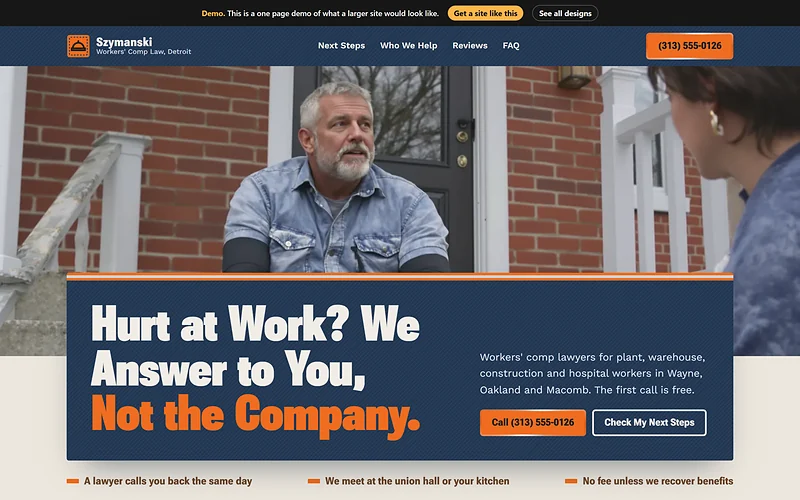 Workers' Compensation website design, Shop Floor Denim style, desktop view