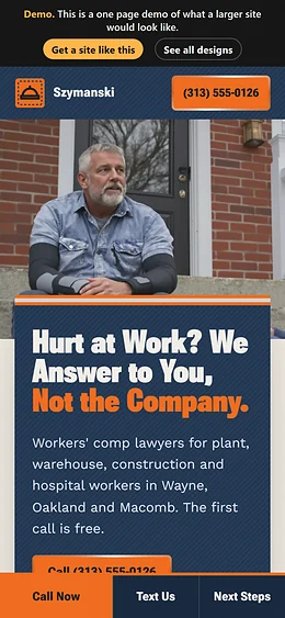 Workers' Compensation website design on a phone