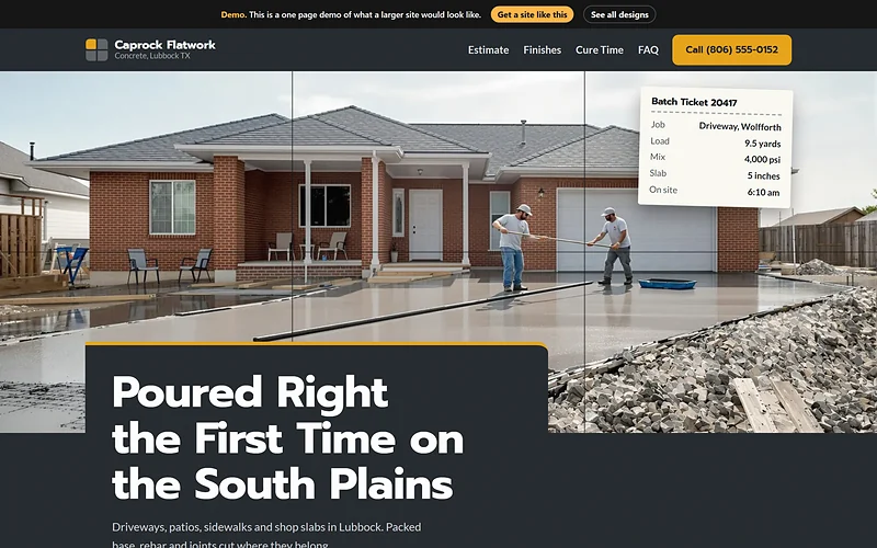 Concrete and Paving website design, Saw Cut Slab style, desktop view