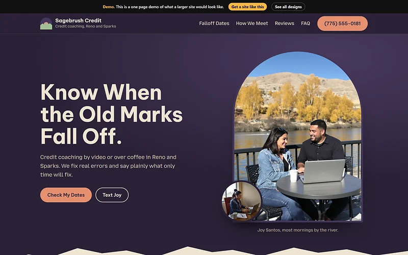 Credit Repair website design, Sagebrush Dusk style, desktop view