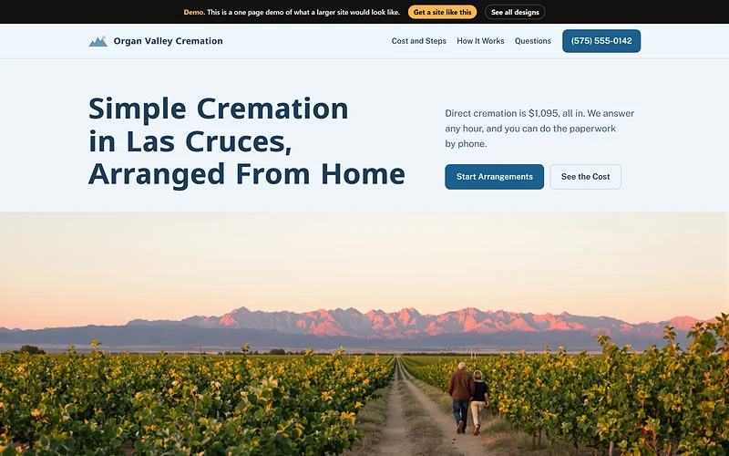 Cremation Service website design, Clear Sky Plain Talk style, desktop view