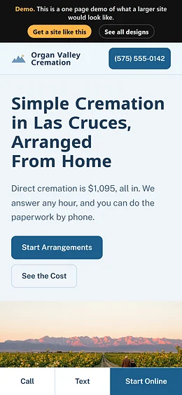 Cremation Service website design on a phone