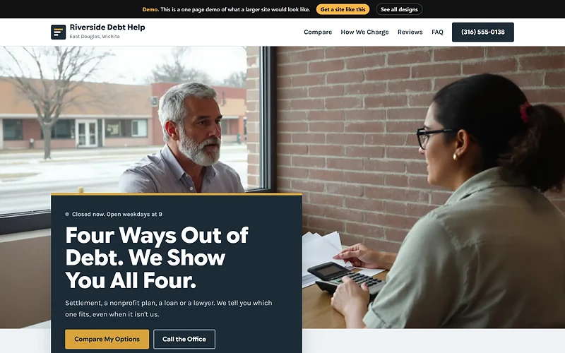 Debt Relief website design, Prairie Plain Talk style, desktop view