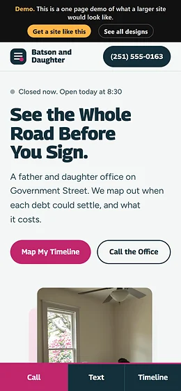 Debt Relief / Settlement website design on a phone