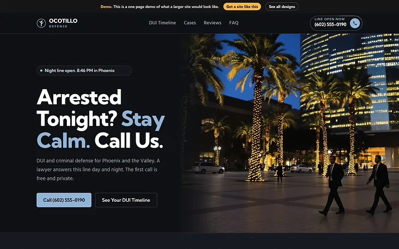 DUI and Criminal Defense website design, Night Line style, desktop view