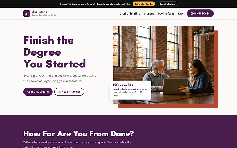 Education / Degree Enrollment website design, Mill Brick Plum style, desktop view