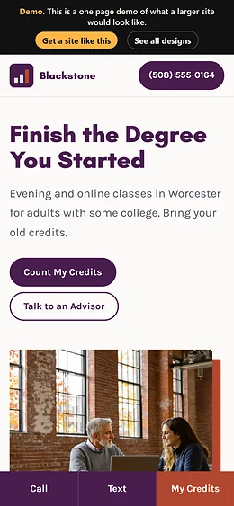 Education / Degree Enrollment website design on a phone