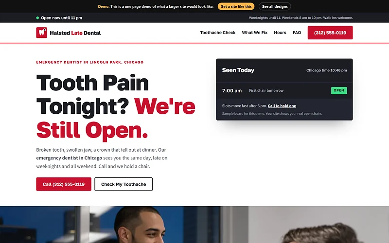 Emergency Dentist website design, Late Shift Red style, desktop view