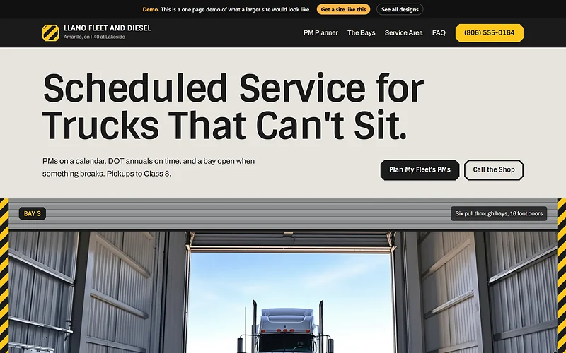 Diesel and Fleet Repair website design, Bay Door Heavy style, desktop view