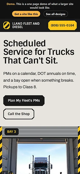 Diesel and Fleet Repair website design on a phone