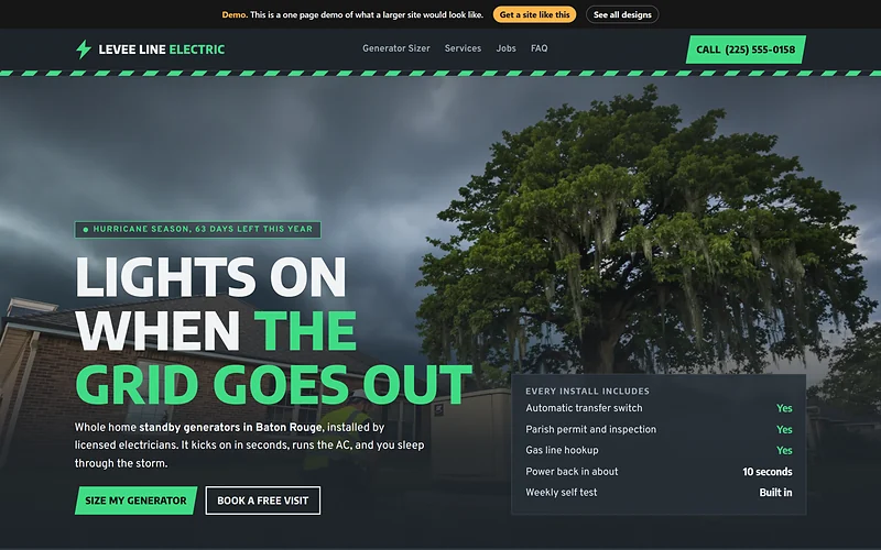 Generators and EV Chargers website design, Storm Ready style, desktop view