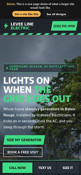 Generators and EV Chargers website design on a phone