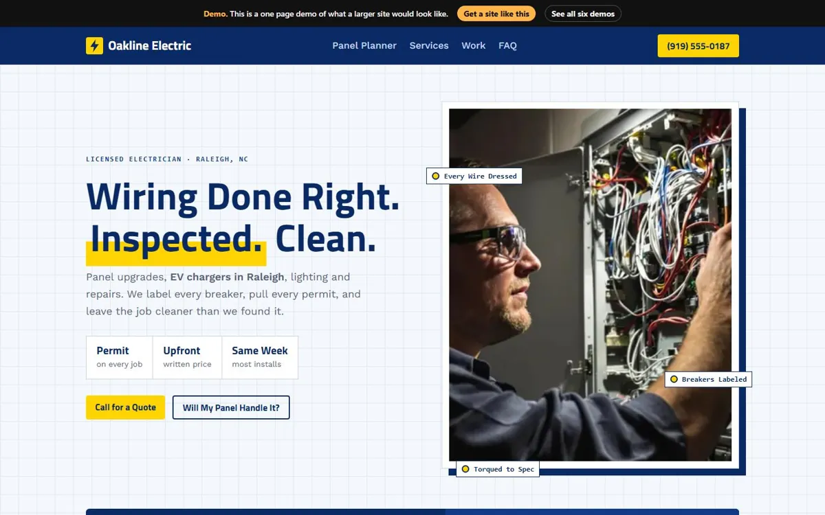 Electrician website design, Blueprint style, desktop view
