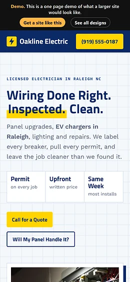 Electrician website design on a phone